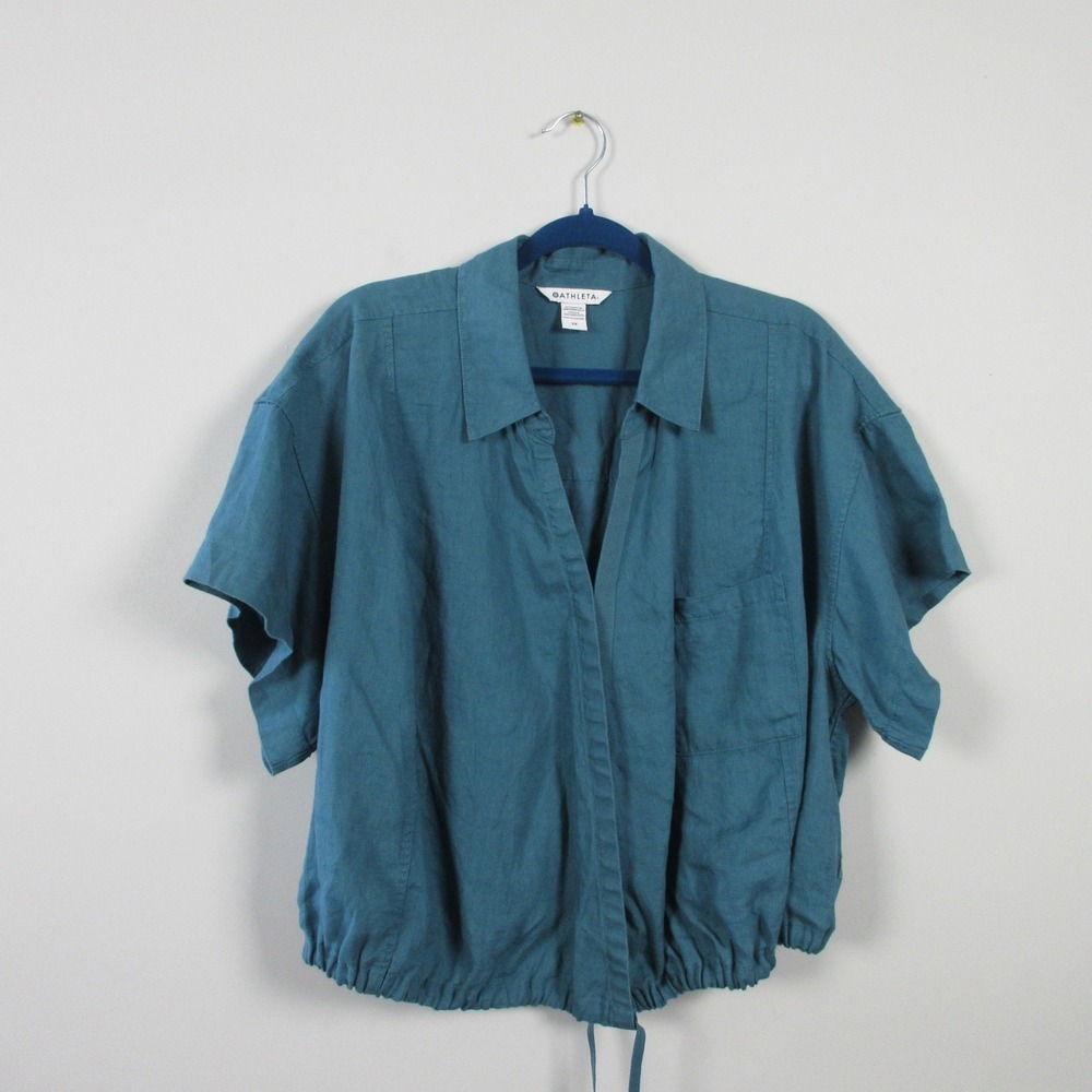 Athleta Playa Tie Top Women 2X Blue 100% Linen Short Sleeve Tie Waist Casual 274